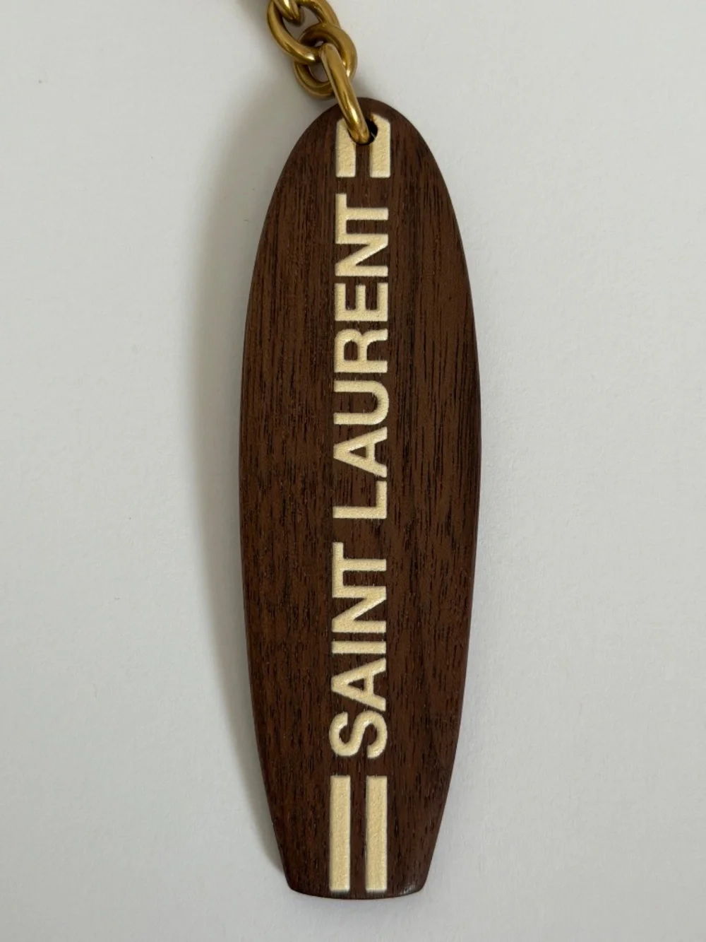 Saint Laurent YSL Surf Surfboard Logo Stripe Wood Charm Keychain Key Ring Fob